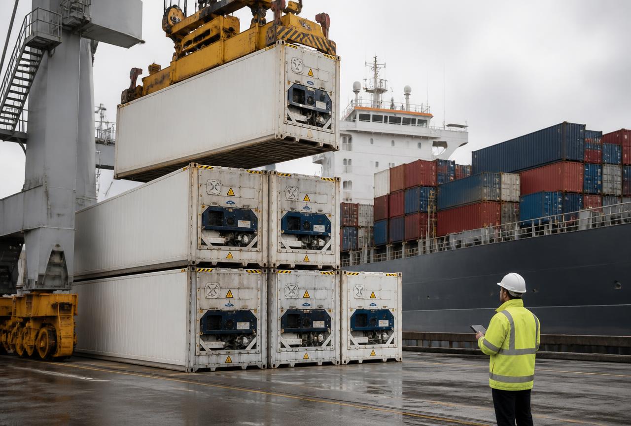 Refrigerated export containers at a port